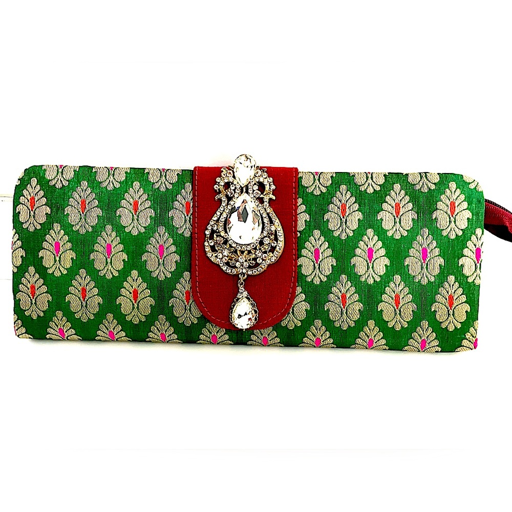 Clutch Bag with Zipper and Magnetic Button Closure Green Red Gold